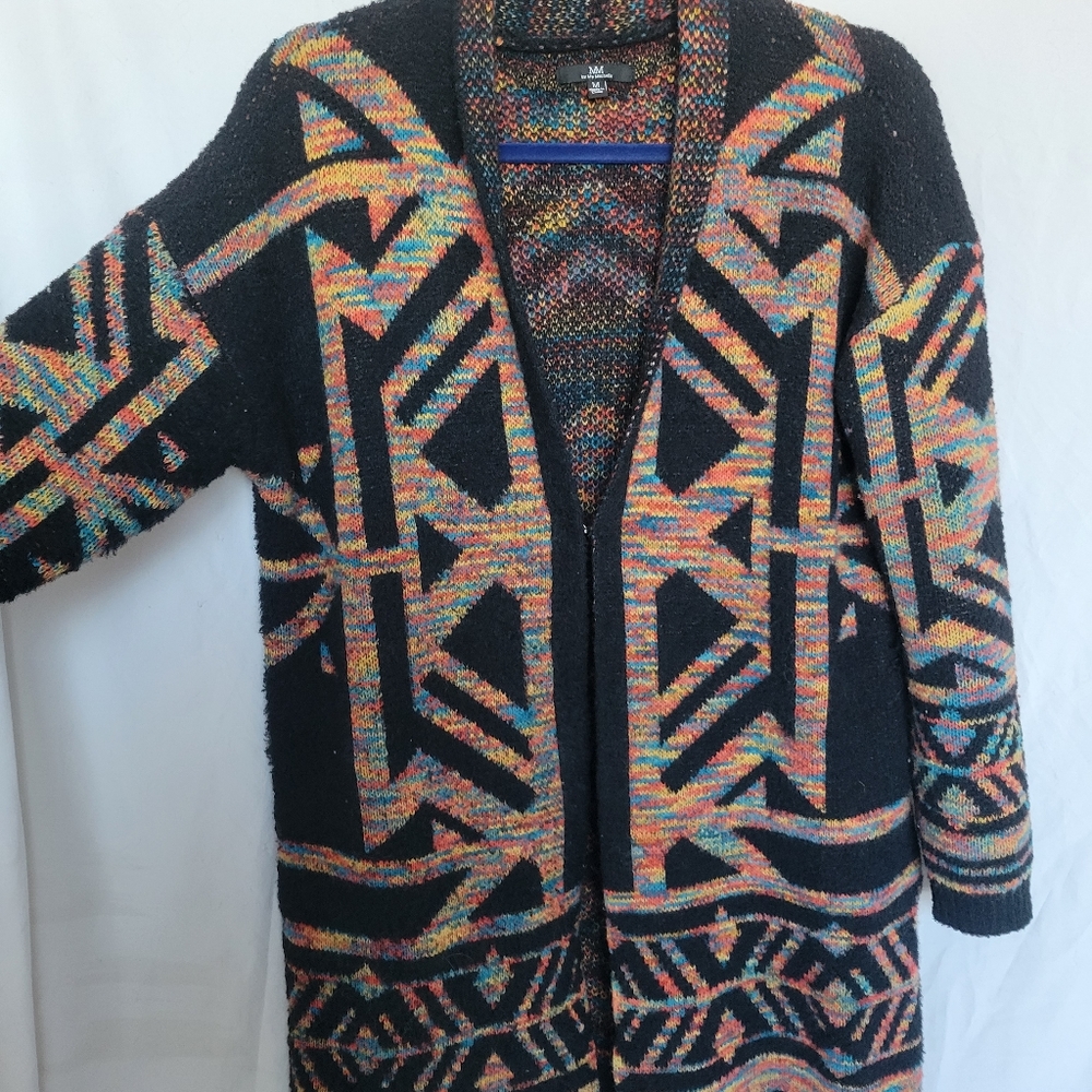 My Michelle Black Multicolor Geometric Open-Front Cardigan